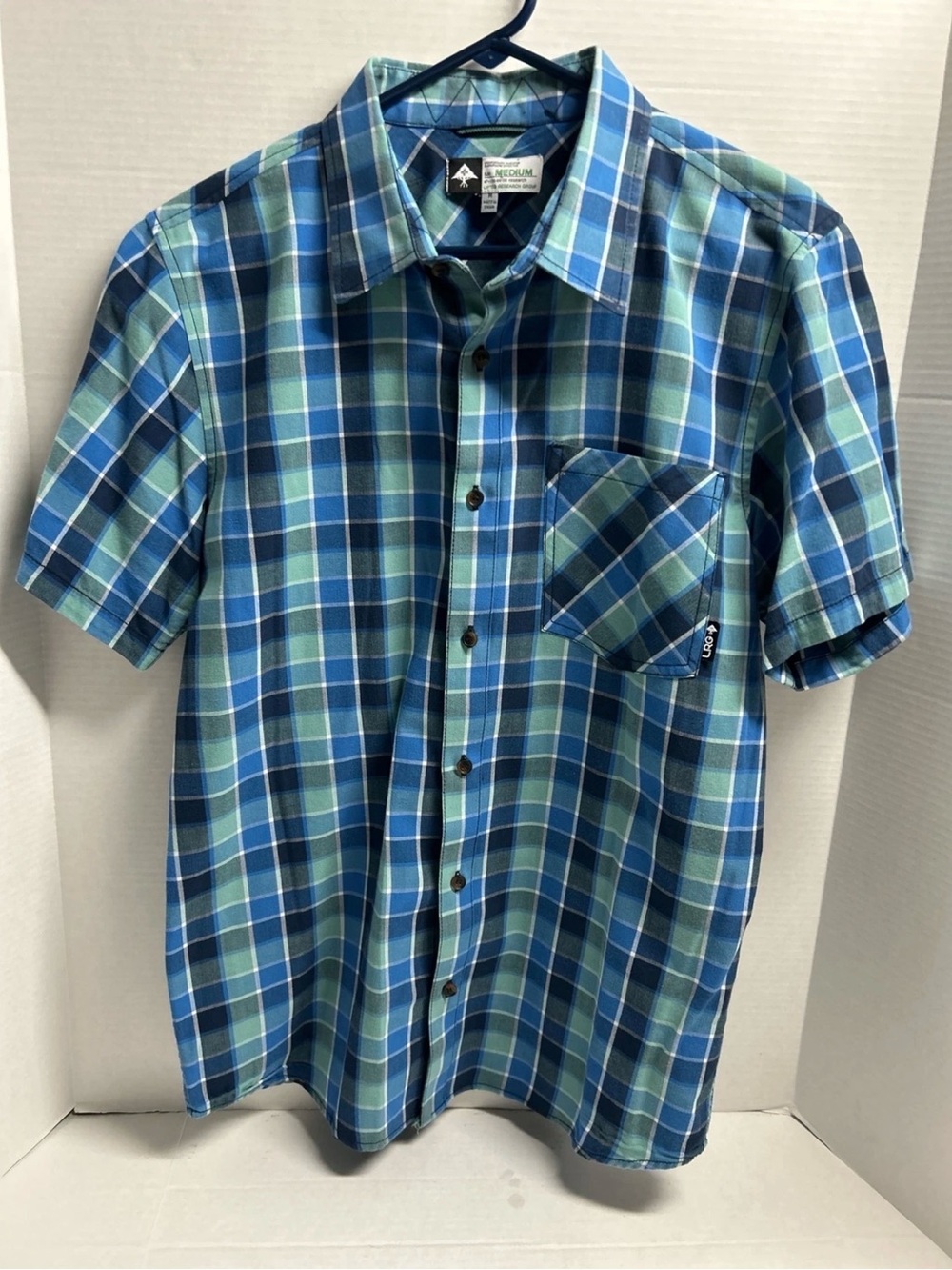 LRG Lifted Research Group Button Down Shirt Mens Medium Blue Plaid Short Sleeve